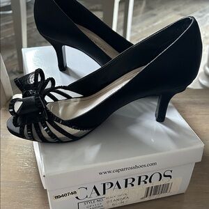 Caparros Black Satin Heels with Bow Accent
